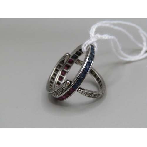 1515 - WHITE METAL DIAMOND AND SAPPHIRE SET TRIPLE BAND 'NIGHT & DAY RING SIZE N 1/2, 6.2g