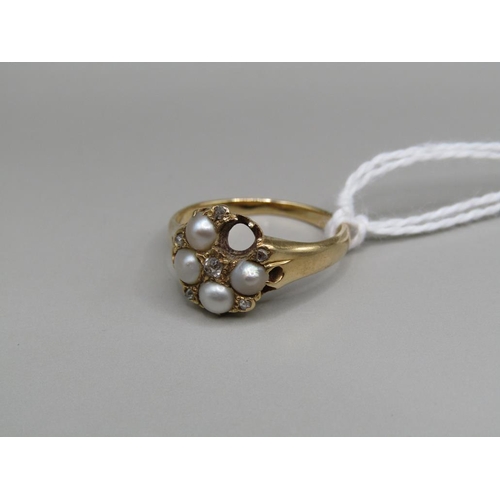 1524 - GOLD PEARL AND DIAMOND SET RING (1 PEARL IS MISSING) SIZE J 1/2