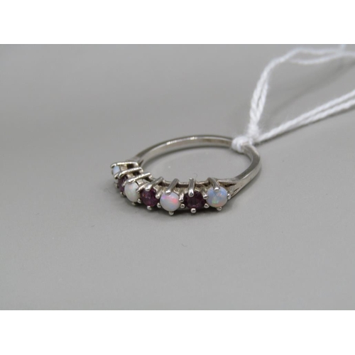 1529 - WHITE GOLD GARNET AND OPAL SET RING SIZE L 1/2