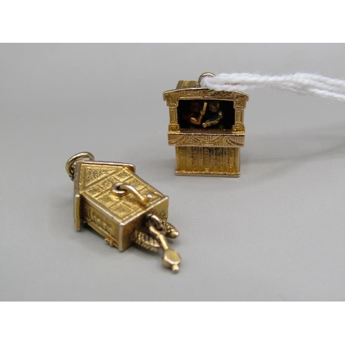 1538 - 9ct GOLD PUPPET THEATRE CHARM AND A 9ct GOLD CUCKOO CLOCK CHARM - TOTAL WEIGHT 7.3g