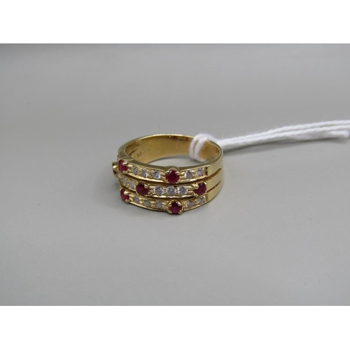 1563 - YELLOW GOLD 3 ROW RUBY DIAMOND RING