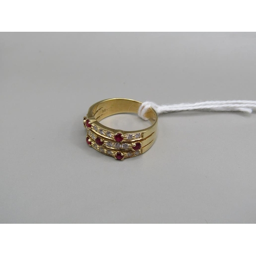 1563 - YELLOW GOLD 3 ROW RUBY DIAMOND RING