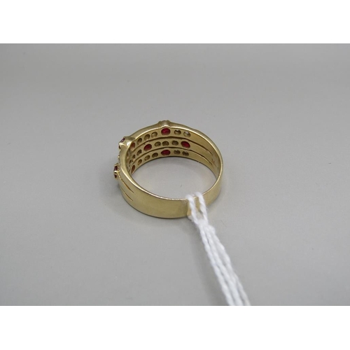 1563 - YELLOW GOLD 3 ROW RUBY DIAMOND RING