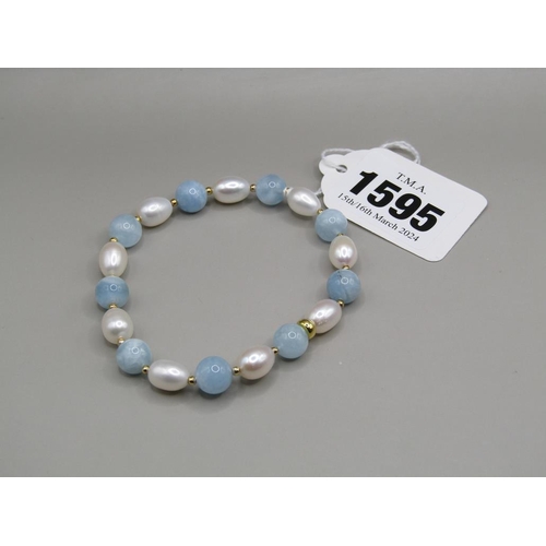 1595 - AQUAMARINE AND CULTURED PEARL SILVER BRACELET