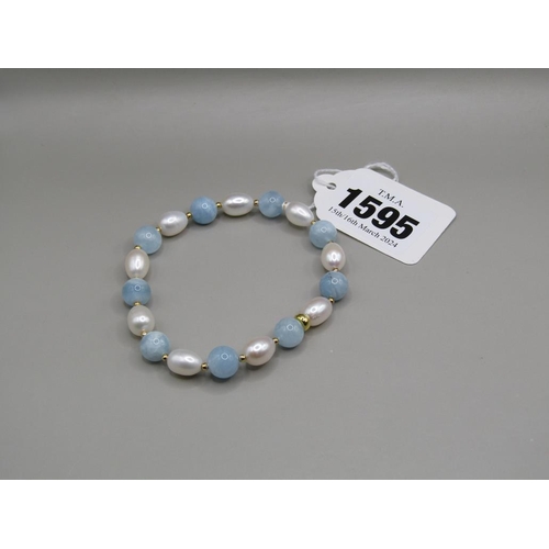 1595 - AQUAMARINE AND CULTURED PEARL SILVER BRACELET