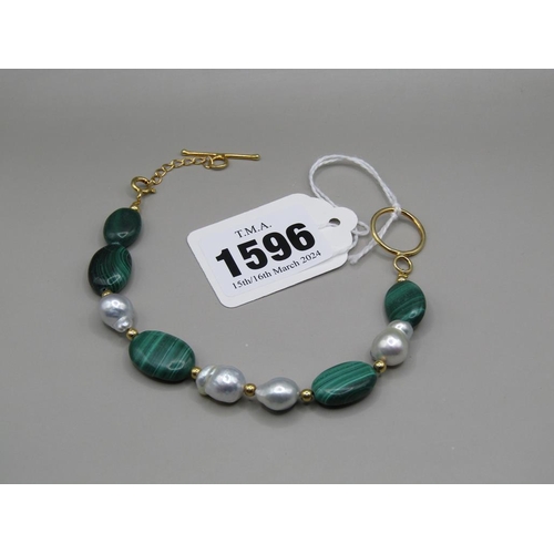 1596 - SILVER GILT MALACHITE PEARL BRACELET