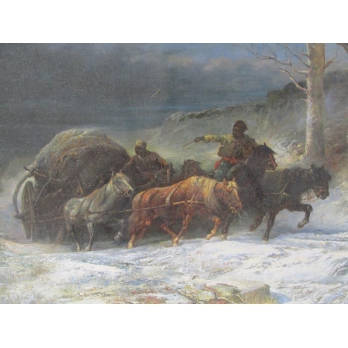 1251 - UNSIGNED LATE 19C/EARLY 20C - WINTERSCAPE WITH FOUR HORSES PULLING A LOADED CART, UNFRAMED, 40CM X 6... 