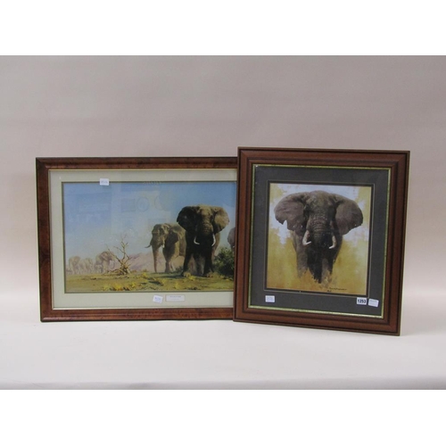 1253 - DAVID SHEPHERD - TWO COLOURED PRINTS, - ELEPHANTS, F/G 38 x 76 cms