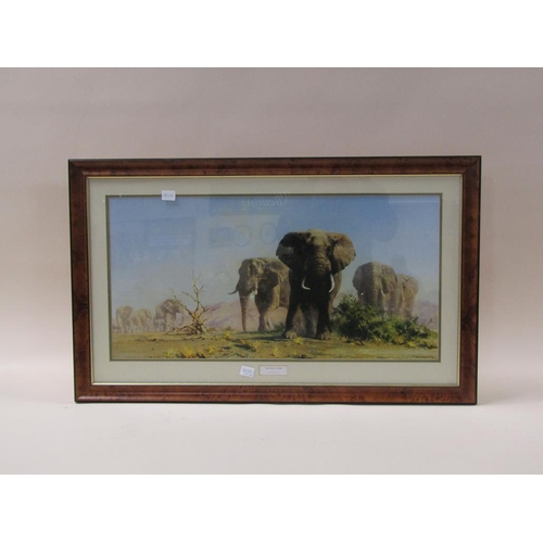 1253 - DAVID SHEPHERD - TWO COLOURED PRINTS, - ELEPHANTS, F/G 38 x 76 cms