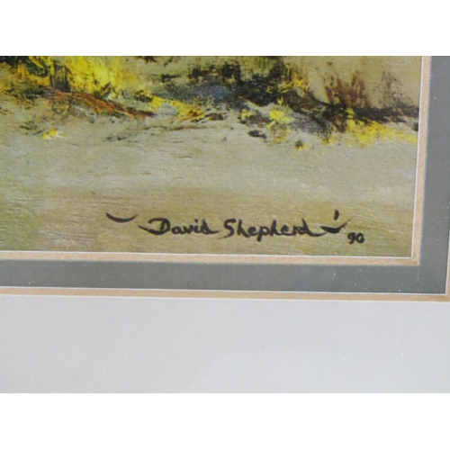 1253 - DAVID SHEPHERD - TWO COLOURED PRINTS, - ELEPHANTS, F/G 38 x 76 cms