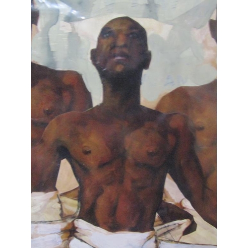 1254 - AFRICAN PAINTING ON SKIN, MALE WITH WHITE CLOTH LOINS.  UNFRAMED 80 x 60 cms