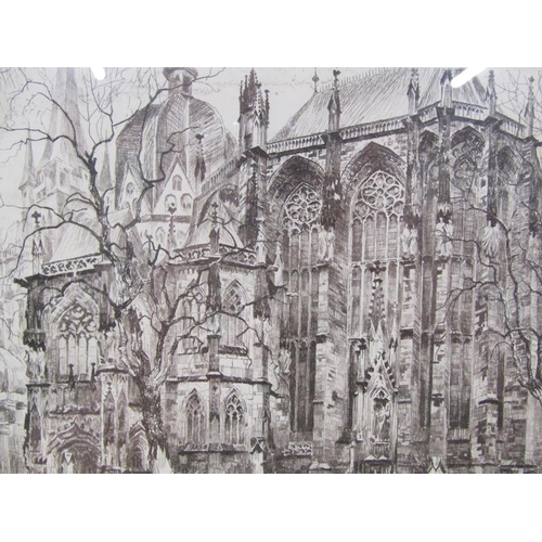 1260 - TWO BLACK AND WHITE ETCHINGS, CONTINENTAL CHURCH AND CHURCH INTERIOR. F/G 20 x 15 cms