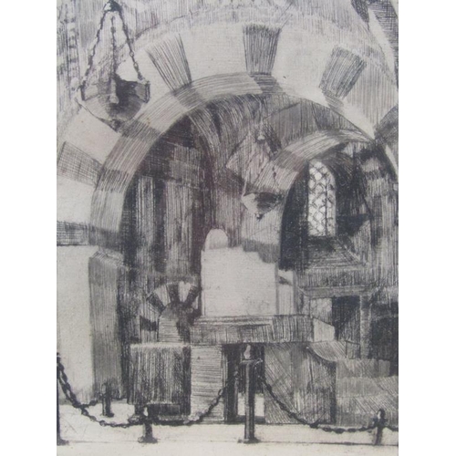 1260 - TWO BLACK AND WHITE ETCHINGS, CONTINENTAL CHURCH AND CHURCH INTERIOR. F/G 20 x 15 cms