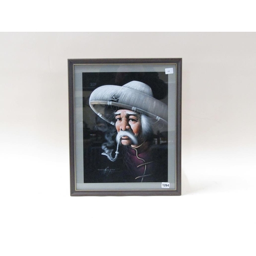 1264 - SIGNED INDISTINCTLY, ORIENTAL GENTLEMAN SMOKING A PIPE, F/G 44 x 33 cms