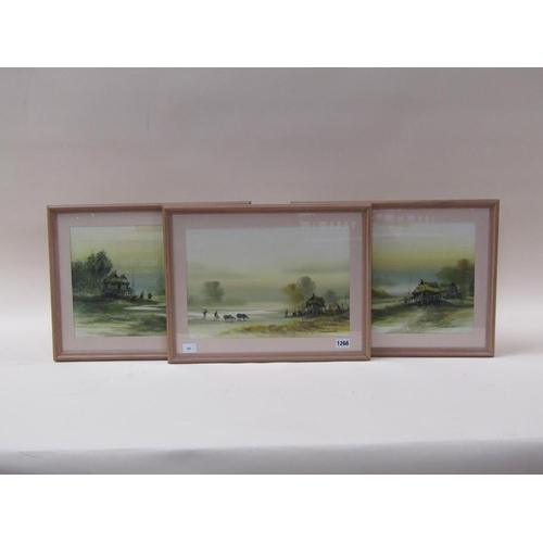 1266 - THREE ORIENTAL F/G PICTURES VILLAGE SCENES, EACH APPX 25 x 36 cms