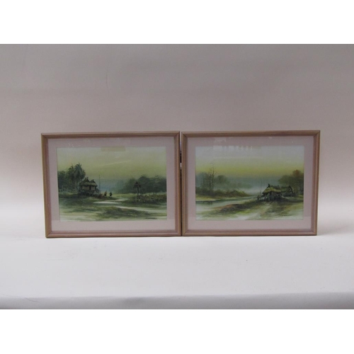 1266 - THREE ORIENTAL F/G PICTURES VILLAGE SCENES, EACH APPX 25 x 36 cms