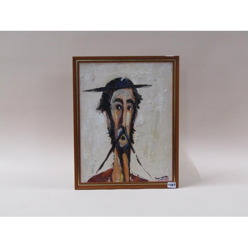 1267 - IN THE MANNER OF SALVADOR DALI, SIGNED INDISTINCTLY OIL ON BOARD PORTRAIT OF A GENTLEMAN 45 x 36 cms