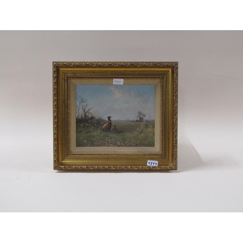 1273 - JAMES WRIGHT, TWO PHEASANTS IN A LANDSCAPE, SIGNED OIL ON BOARD FRAMED 19 x 24 cms