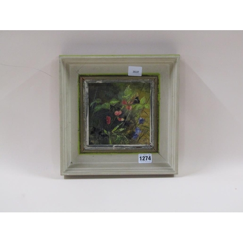 1274 - SIGNED IN MONO G F '58, BUTTERFLIES AND WILD FLOWERS, OIL ON BOARD FRAMED 15 x 14 cms