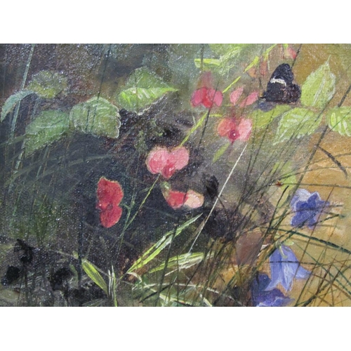 1274 - SIGNED IN MONO G F '58, BUTTERFLIES AND WILD FLOWERS, OIL ON BOARD FRAMED 15 x 14 cms