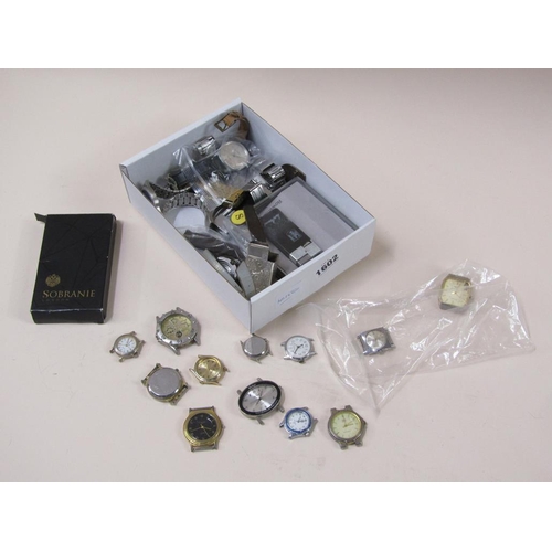 1602 - BOX OF MIXED GENTS AND LADIES WATCHES PLUS LIGHTERS ETC.