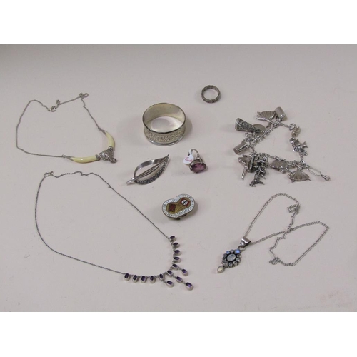 1605 - SILVER NAPKIN RING, SILVER CHARM BRACELET AND QTY OF OTHER SILVER COSTUME JEWELLERY ETC.