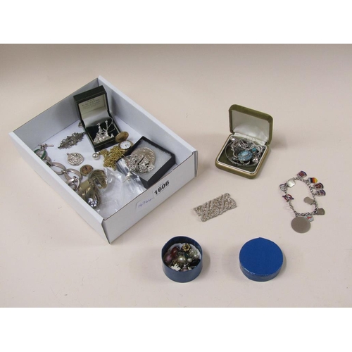 1606 - BOX OF MIXED COSTUME JEWELLERY TO INC. SILVER CHARM BRACELETS, RINGS, PENDANTS, ETC.