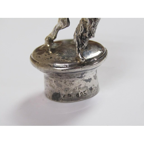 1607 - STERLING SILVER REARING HORSE BOTTLE LID, CONTINENTAL SILVER BOTTLE TOP AND DUTCH WHITE METAL POURER