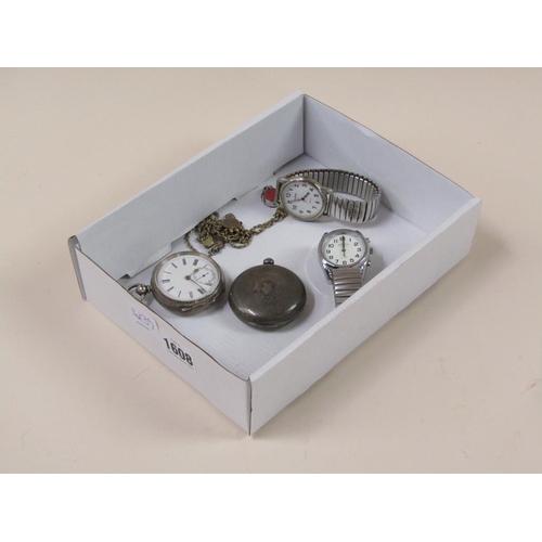 1608 - TWO SILVER CASED POCKET WATCHES, TWO GENTS WATCHES, WATCH CHAIN ETC.