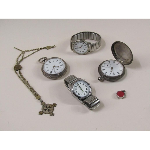 1608 - TWO SILVER CASED POCKET WATCHES, TWO GENTS WATCHES, WATCH CHAIN ETC.