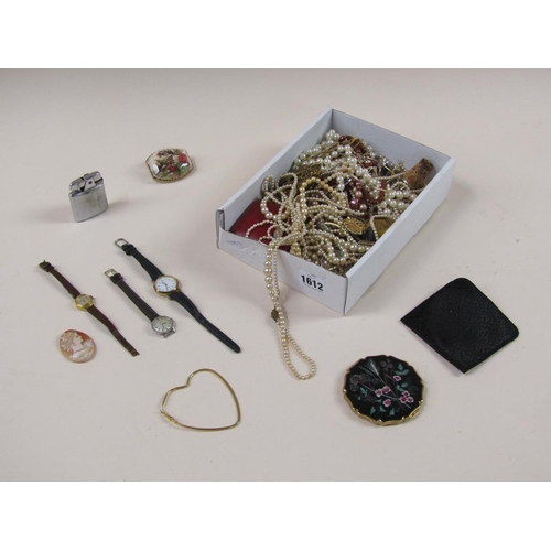 1612 - BOX OF MIXED COSTUME JEWELLERY TO INC. WATCHES, COMPACTS, SIMULATED PEARL NECKLACES ETC