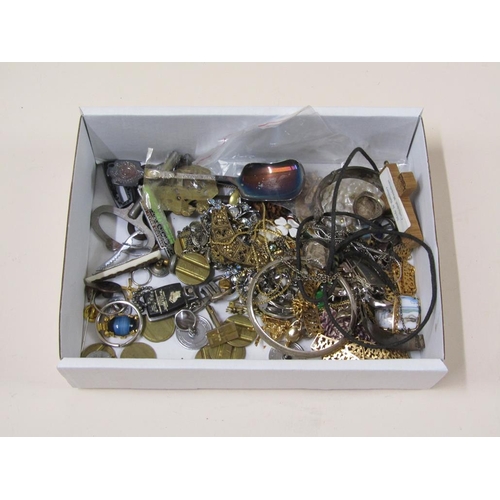 1620 - BOX OF MIXED COSTUME JEWELLERY TO INC. SILVER BANGLES AND COLLECTION OF COMMEMORATIVE TEASPOONS