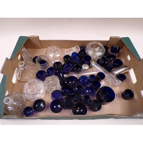 1669 - BOX OF BLUE GLASS LINERS AND OTHER GLASS JARS ETC