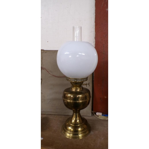 11 - BRASS OIL LAMP, SHADE AND FUNNEL