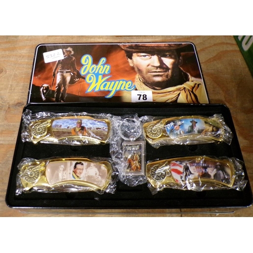 78 - COLLECTION OF CASED JOHN WAYNE PENKNIVES AND FOB.