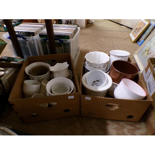 183 - TWO BOXES OF MIXED CERAMICS - PLANTERS, JADINERES ETC