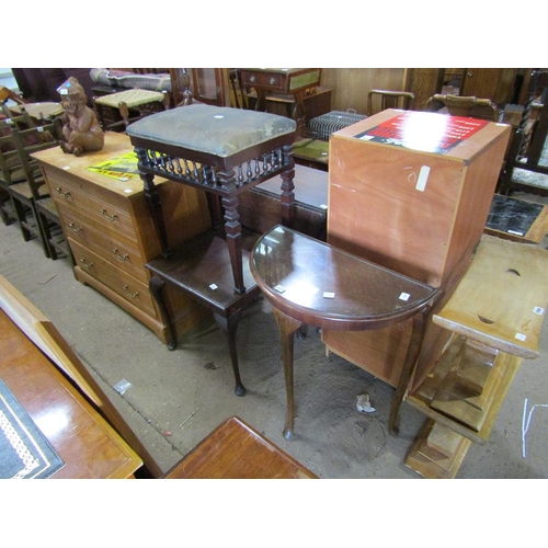 597 - SIDE TABLE, MAHOGANY TABLE AND A STOOL