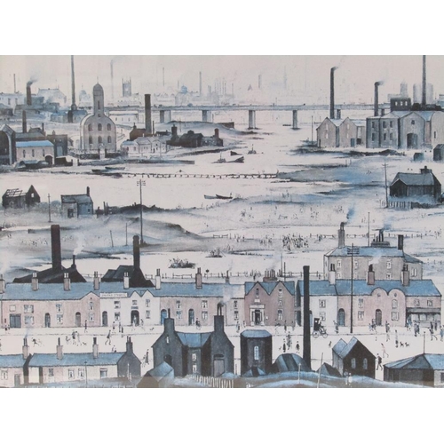 1201 - LS LOWRY - THE RIVER BRIDGE, COLOURED PRINT, F/G, 45CM X 60CM