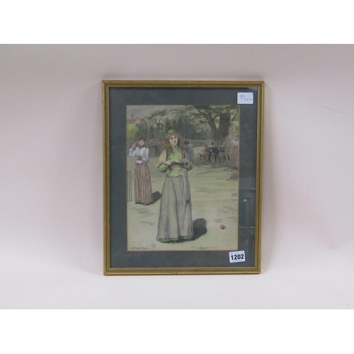 1202 - E.F BREWTNALL - PAINTING ON MATERIAL, LADIES CRICKET MATCH, F/G, 29CM X 22CM