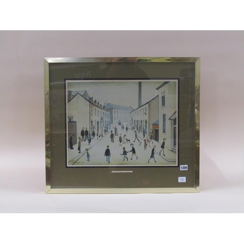 1205 - LS LOWRY 1957 - CORONATION STREET, COLOURED PRINT, F/G, 35CM X 48CM