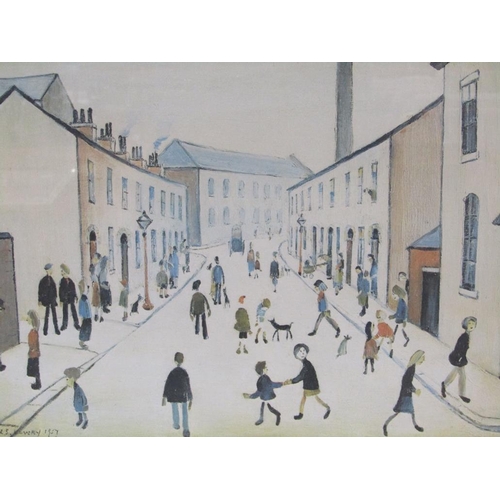 1205 - LS LOWRY 1957 - CORONATION STREET, COLOURED PRINT, F/G, 35CM X 48CM