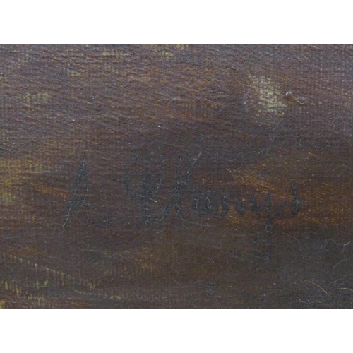 1213 - SIGNED INDISTINCTLY - HORSE IN STABLE, OIL ON CNAVAS, FRAMED, 56CM X 72CM