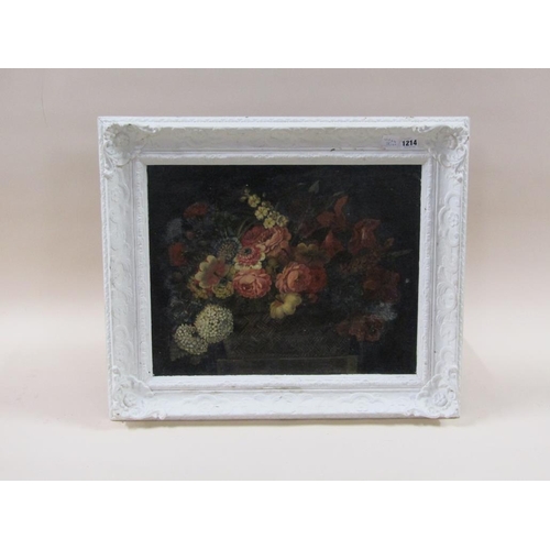 1214 - UNSIGNED, ENGLISH SCHOOL - SUMMER FLOWERS IN A BASKET ON STAND, OIL ON CANVAS, FRAMED, 39CM X 49CM