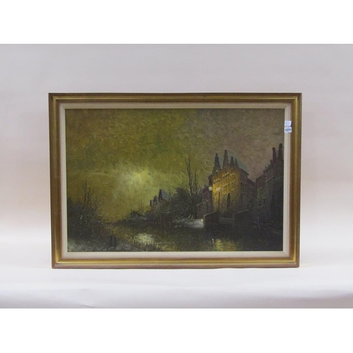 1215 - W.F SMITH - TOWN RIVERSCAPE WITH ADJOINING BUILDINGS IN MOONLIGHT, SIGNED OIL ON CANVAS, FRAMED, 60C... 