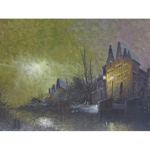 1215 - W.F SMITH - TOWN RIVERSCAPE WITH ADJOINING BUILDINGS IN MOONLIGHT, SIGNED OIL ON CANVAS, FRAMED, 60C... 