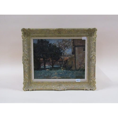 1217 - JAMES LEVIN HENRY - THE HOMESTEAD GARDEN, OIL ON CANVAS, F/G, 30CM X 38CM