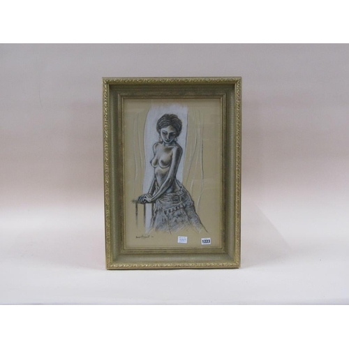 1223 - SIMON HONEYWILL - PORTRAIT OF A NAKED FEMALE, CRAYON AND CHALKS, SIGNED F/G, 49CM X 31CM