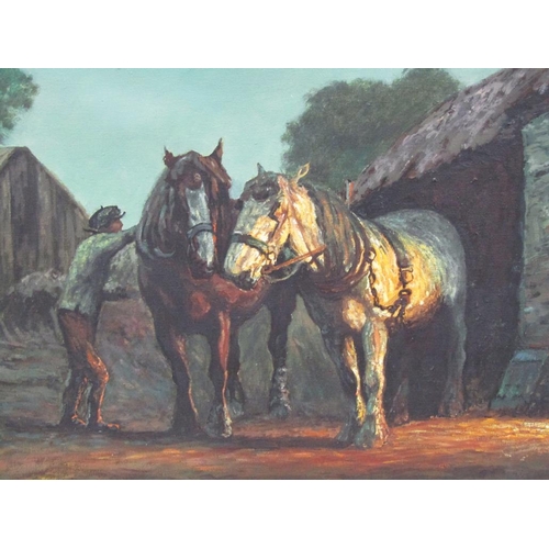 1228 - BRIAN WILLIAMS 89 - WORKING HORSES BEING HARNESSED, SIGNED AND DATED, OIL ON CANVAS, FRAMED, 60CM X ... 