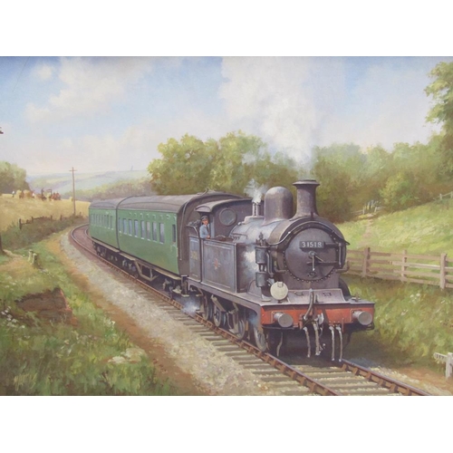 1230 - MIKE JEFFERIES - 1915 04 H CLASS BRITISH RAIL LOCOMOTIVE, SIGNED OIL ON CANVAS, FRAMED, 50CM X 75CM