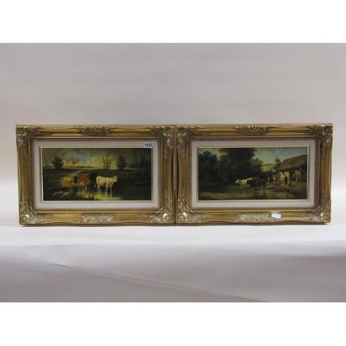 1233 - F PATO - PAIR, CATTLE CROSSING THE BROOK & CATTLE AT THE FARM POND, SIGNED OIL ON BOARD, FRAMED, EAC... 